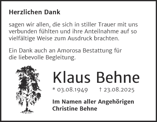 Traueranzeige von Klaus Behne von Trauerkombi Dessau