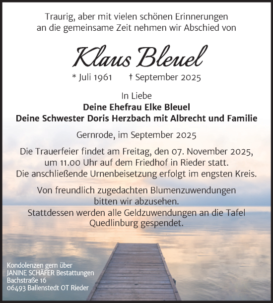 Traueranzeige von Klaus Bleuel von Trauerkombi Quedlinburg
