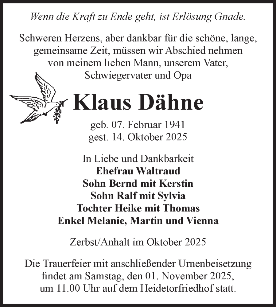  Traueranzeige für Klaus Dähne vom 25.10.2025 aus Volksstimme Zerbst