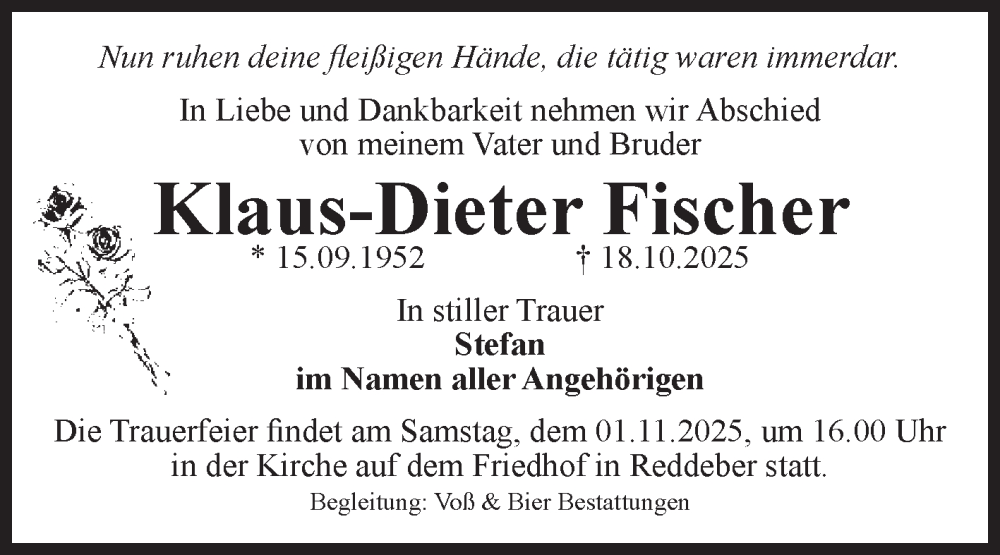  Traueranzeige für Klaus-Dieter Fischer vom 25.10.2025 aus Volksstimme Wernigerode