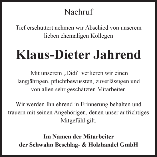 Traueranzeige von Klaus-Dieter Jahrend von Volksstimme Halberstadt