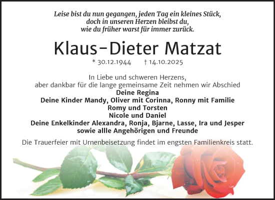 Traueranzeige von Klaus-Dieter Matzat von Trauerkombi Wittenberg