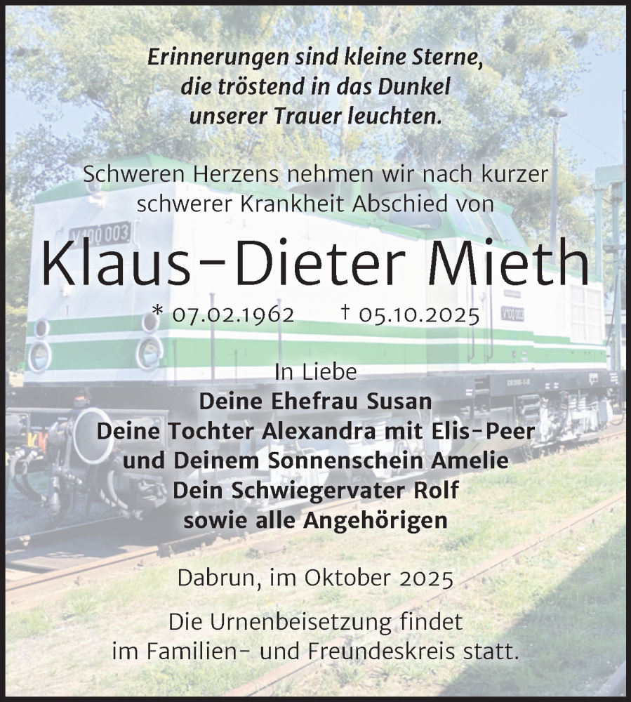  Traueranzeige für Klaus-Dieter Mieth vom 11.10.2025 aus Trauerkombi Wittenberg