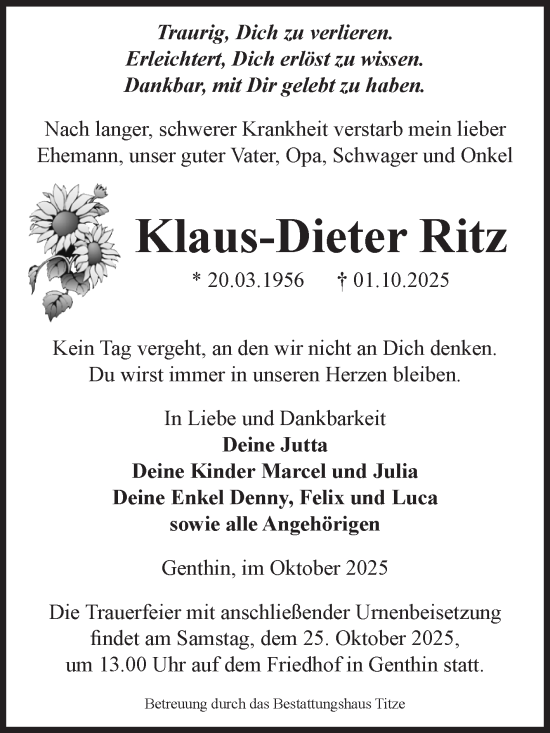 Traueranzeige von Klaus-Dieter Ritz von Volksstimme Burg/Genthin