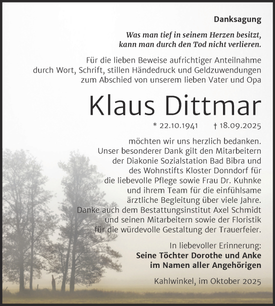 Traueranzeige von Klaus Dittmar von Super Sonntag Naumburg/Nebra
