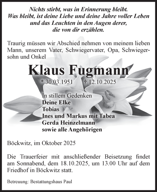 Traueranzeige von Klaus Fugmann von Volksstimme Altmark West