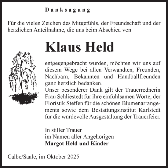 Traueranzeige von Klaus Held von Volksstimme Schönebeck