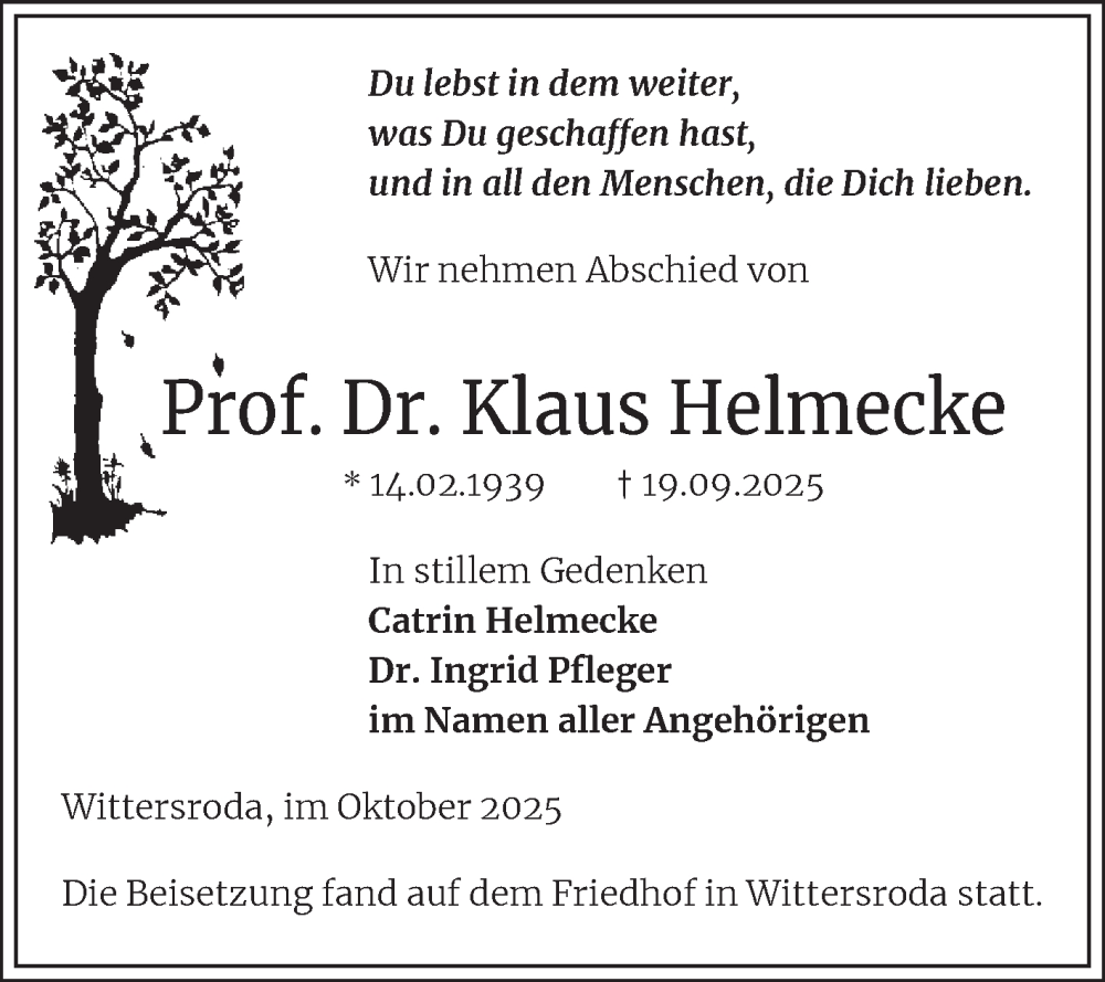  Traueranzeige für Klaus Helmecke vom 25.10.2025 aus Mitteldeutsche Zeitung Halle/Saalkreis