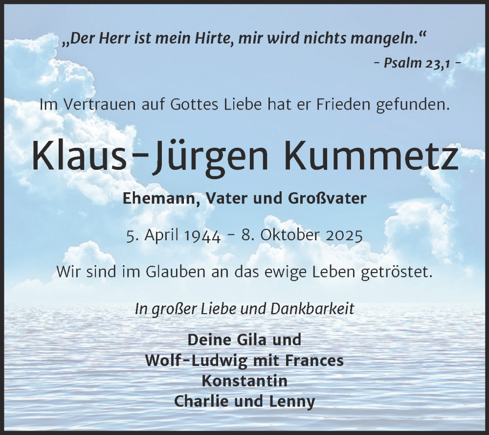  Traueranzeige für Klaus-Jürgen Kummetz vom 18.10.2025 aus Trauerkombi Wittenberg