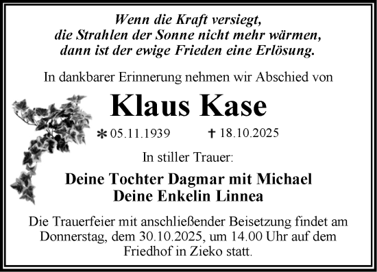 Traueranzeige von Klaus Kase von Trauerkombi Wittenberg