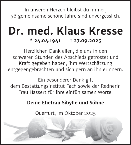 Traueranzeige von Klaus Kresse von Trauerkombi Merseburg