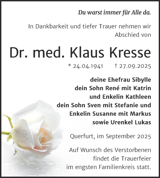 Traueranzeige von Klaus Kresse von Trauerkombi Merseburg