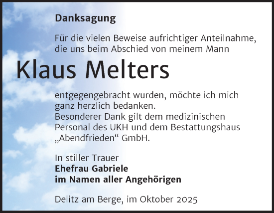 Traueranzeige von Klaus Melters von Trauerkombi Merseburg