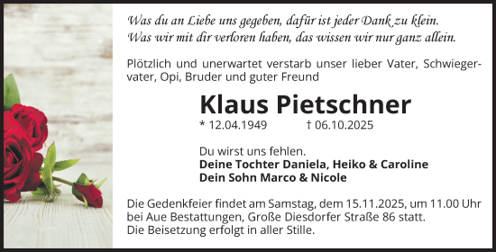 Traueranzeige von Klaus Pietschner von Volksstimme Magdeburg