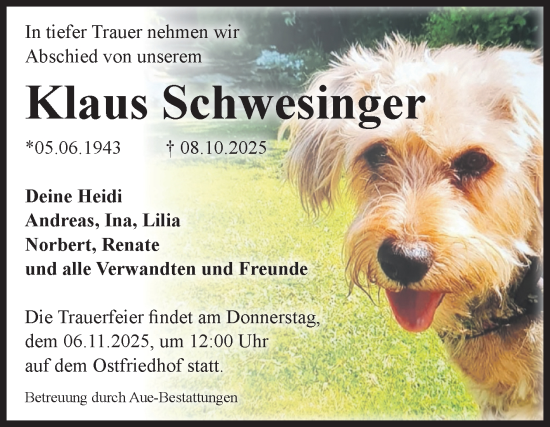 Traueranzeige von Klaus Schwesinger von Volksstimme Magdeburg