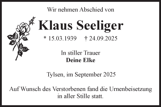 Traueranzeige von Klaus Seeliger von Volksstimme Altmark West