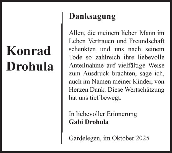 Traueranzeige von Konrad Drohula von Volksstimme Altmark West