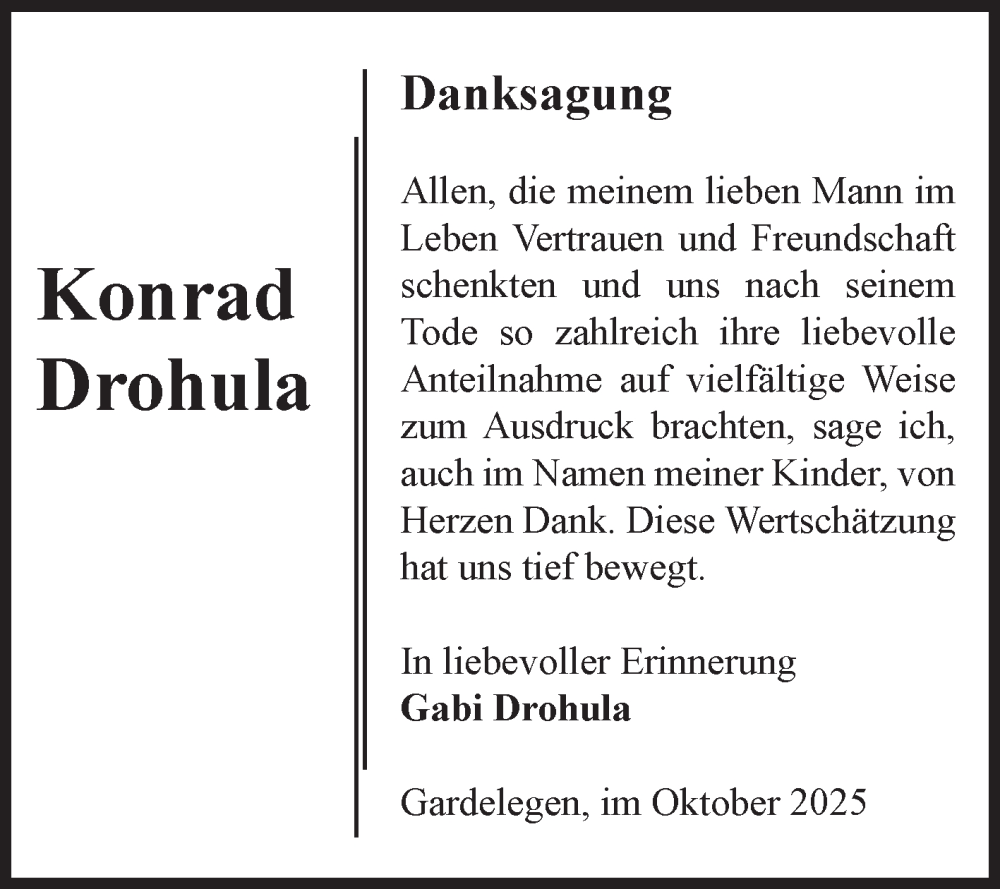  Traueranzeige für Konrad Drohula vom 25.10.2025 aus Volksstimme Altmark West