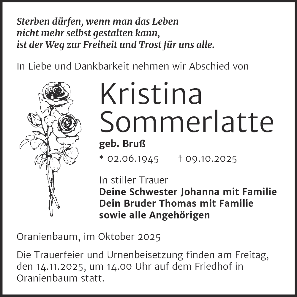  Traueranzeige für Kristina Sommerlatte vom 25.10.2025 aus Trauerkombi Wittenberg
