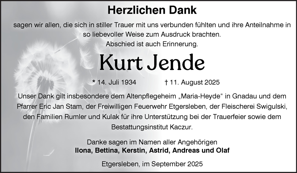  Traueranzeige für Kurt Jende vom 04.10.2025 aus Volksstimme Staßfurt