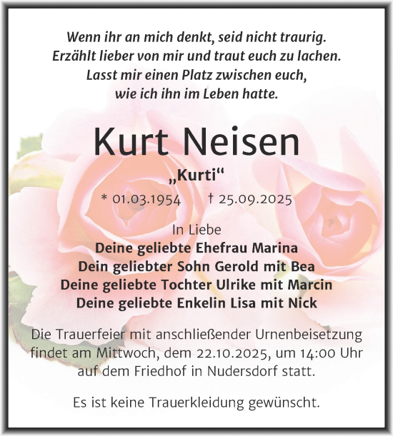Traueranzeige von Kurt Neisen von Trauerkombi Wittenberg