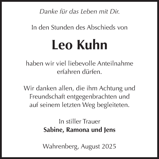 Traueranzeige von Leo Kuhn von Volksstimme Altmark Ost