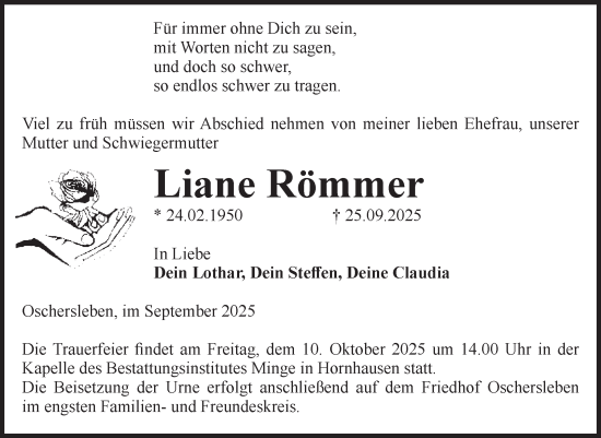Traueranzeige von Liane Römmer von Volksstimme Oschersleben/Wanzleben