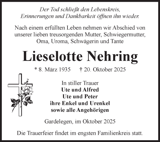 Traueranzeige von Lieselotte Nehring von Volksstimme Altmark West