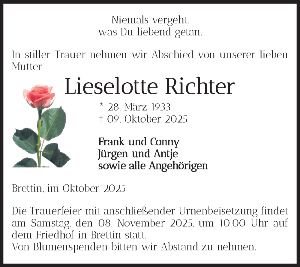  Traueranzeige für Lieselotte Richter vom 18.10.2025 aus Volksstimme Burg/Genthin