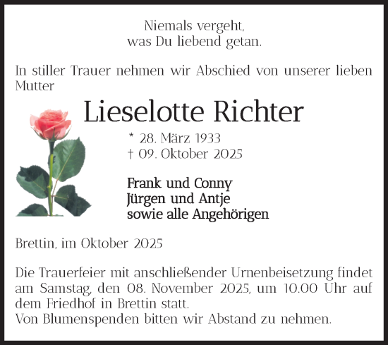 Traueranzeige von Lieselotte Richter von Volksstimme Burg/Genthin
