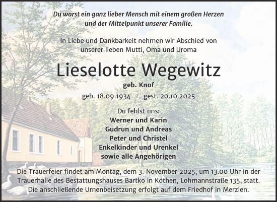 Traueranzeige von Lieselotte Wegewitz von Trauerkombi Köthen