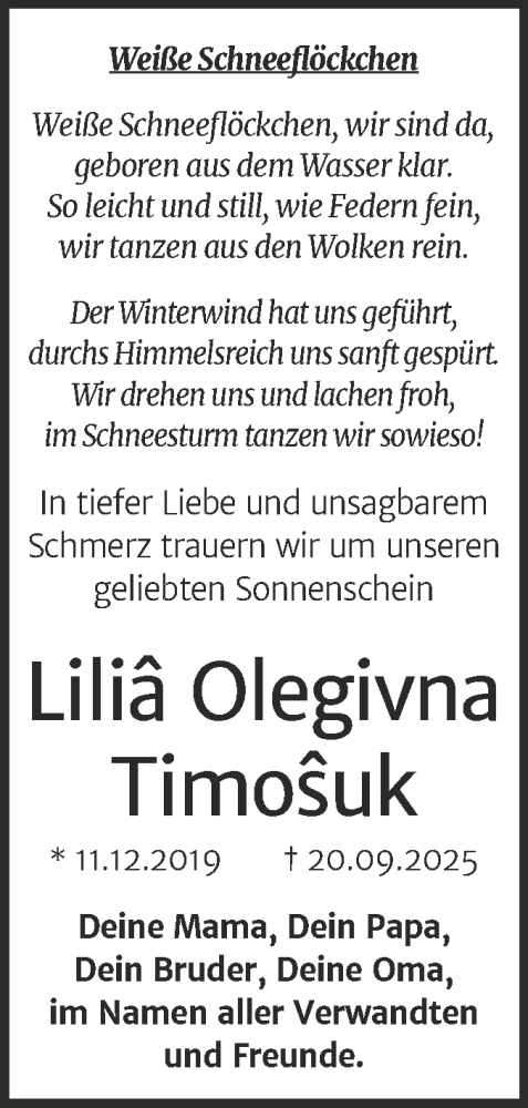 Traueranzeige von Lilia Olegivna Timosuk von Mitteldeutsche Zeitung Halle/Saalkreis