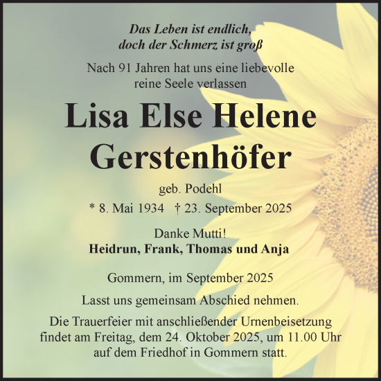 Traueranzeige von Lisa Else Helene Gerstenhöfer von Volksstimme Burg/Genthin