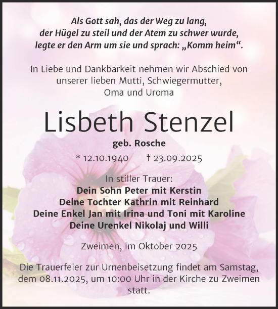 Traueranzeige von Lisbeth Stenzel von Trauerkombi Merseburg