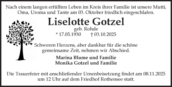 Traueranzeige von Liselotte Gotzel von Volksstimme Magdeburg