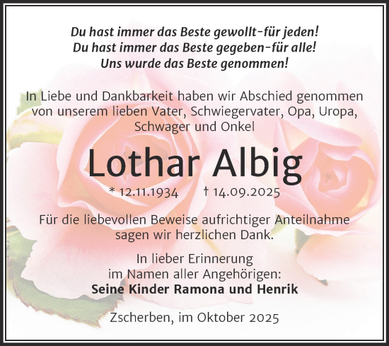 Traueranzeige von Lothar Albig von Mitteldeutsche Zeitung Halle/Saalkreis