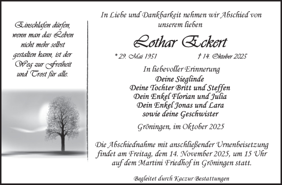 Traueranzeige von Lothar Eckert von Volksstimme Oschersleben/Wanzleben