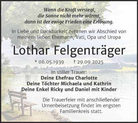 Traueranzeige von Lothar Felgenträger von Trauerkombi Dessau
