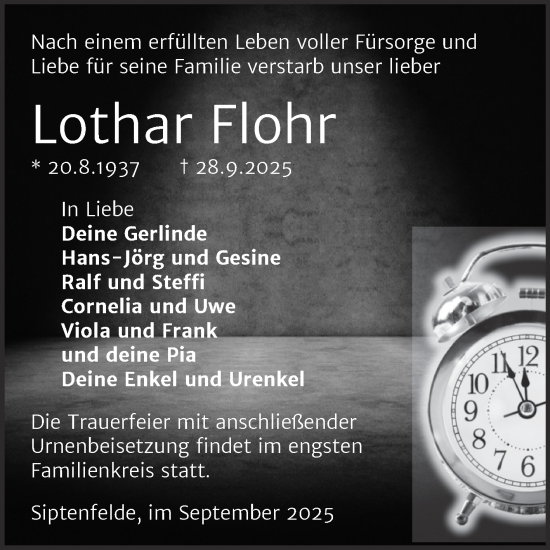 Traueranzeige von Lothar Flohr von Trauerkombi Quedlinburg