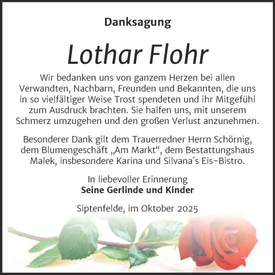 Traueranzeige von Lothar Flohr von Trauerkombi Quedlinburg