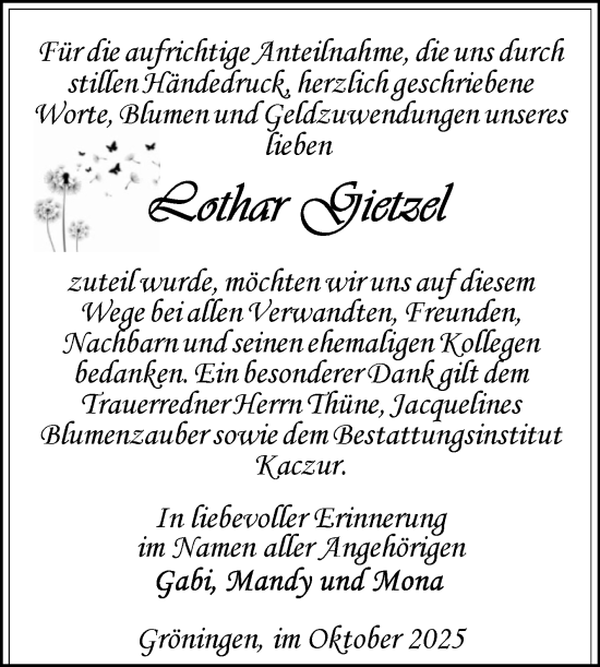 Traueranzeige von Lothar Gietzel von Volksstimme Oschersleben/Wanzleben