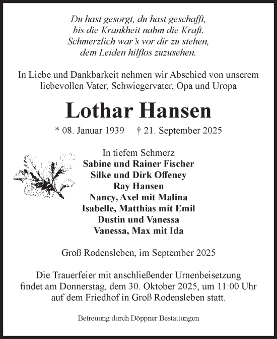 Traueranzeige von Lothar Hansen von Volksstimme Oschersleben/Wanzleben