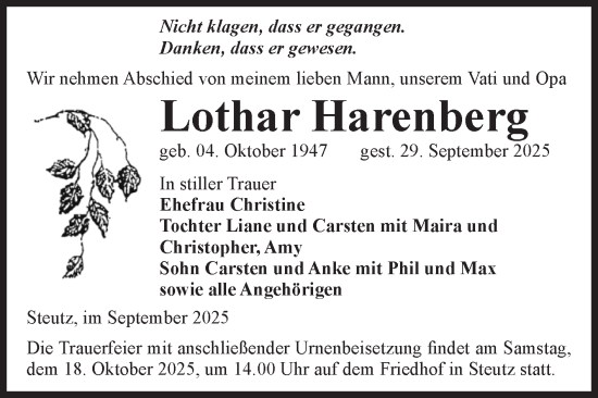 Traueranzeige von Lothar Harenberg von Volksstimme Zerbst