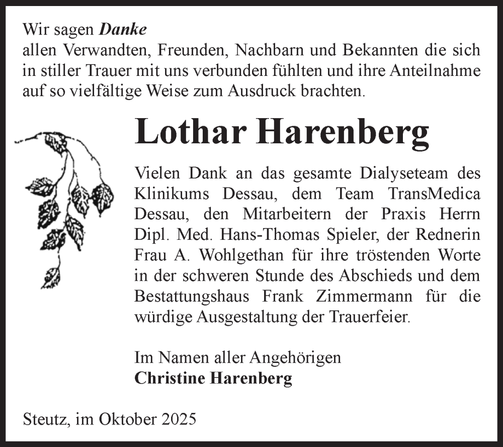  Traueranzeige für Lothar Harenberg vom 25.10.2025 aus Volksstimme Zerbst