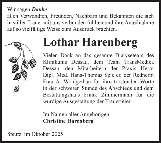Traueranzeige von Lothar Harenberg von Volksstimme Zerbst