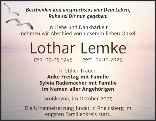 Traueranzeige von Lothar Lemke von Trauerkombi Merseburg