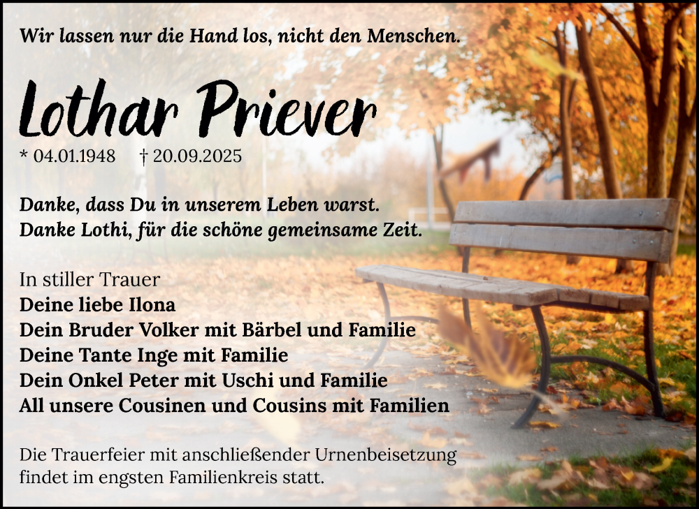  Traueranzeige für Lothar Priever vom 04.10.2025 aus Trauerkombi Weißenfels