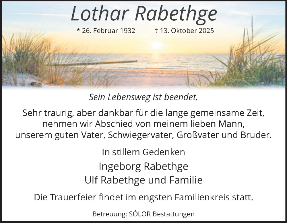  Traueranzeige für Lothar Rabethge vom 25.10.2025 aus Volksstimme Magdeburg