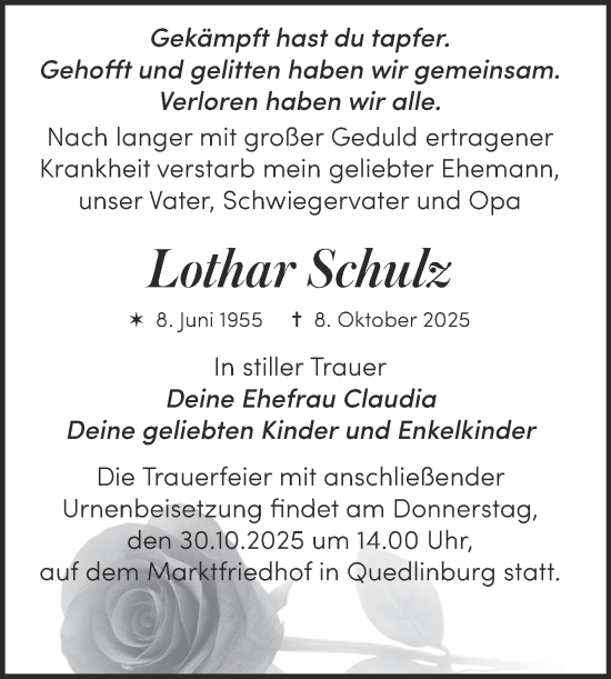 Traueranzeige von Lothar Schulz von Trauerkombi Quedlinburg