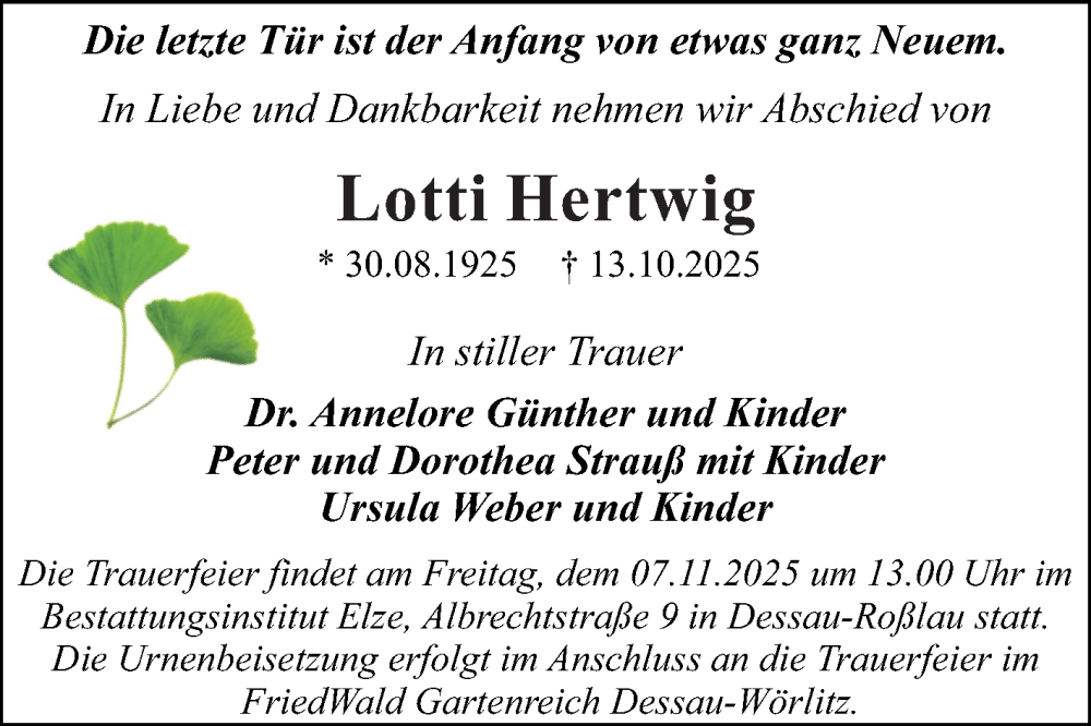  Traueranzeige für Lotti Hertwig vom 25.10.2025 aus Trauerkombi Bitterfeld
